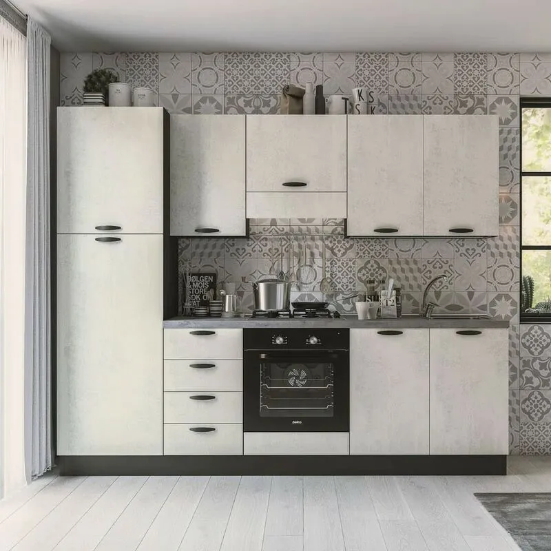 Stilprojectstore-casa E Ufficio - Cucina a composizione fissa lineare, cemento bianco con elettrodomestici l. 255x216 - Ronny