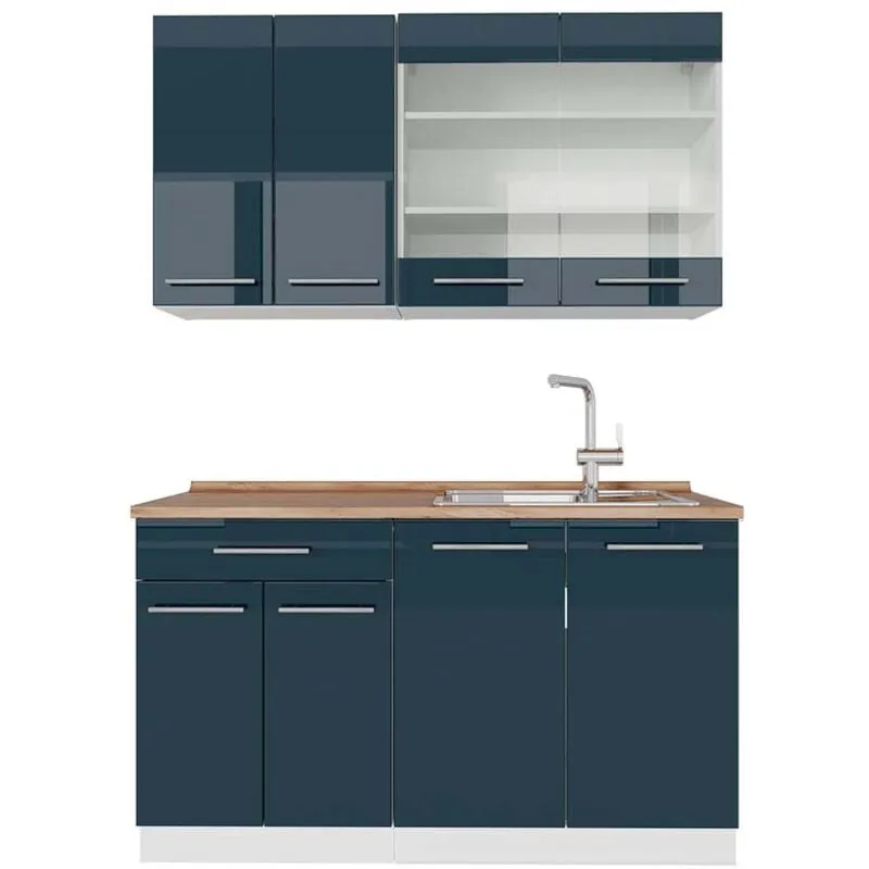 Cucina completa Fame-Line, Blu scuro lucido/bianco, 140 cm , PL Rovere, 