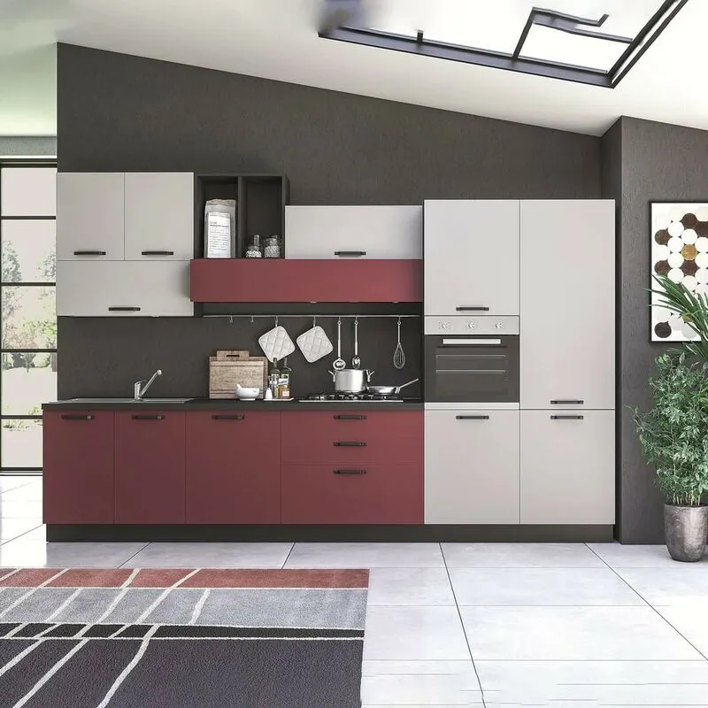 Stilprojectstore-casa E Ufficio - Cucina a composizione fissa lineare, rosso vino/bianco opaco con elettrodomestici l. 360x228 - Gioia