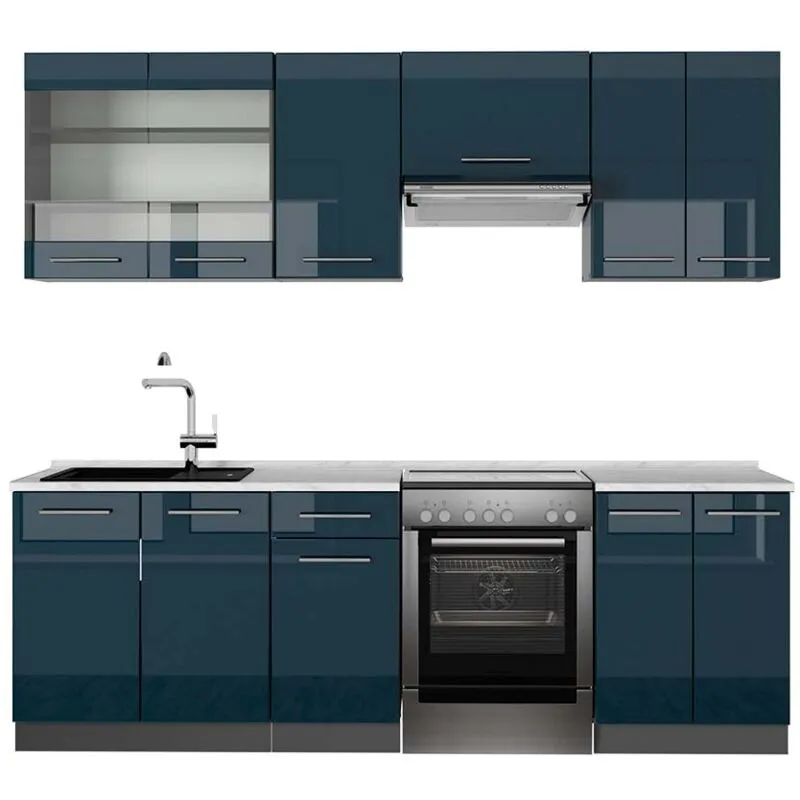  - Cucina componibile Fame-Line, Blu scuro lucido/antracite, 240 cm , pl Marmo