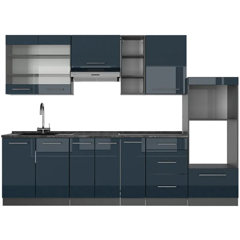  - Cucina componibile Fame-Line, Blu scuro lucido/antracite, 280 cm senza piano di lavoro