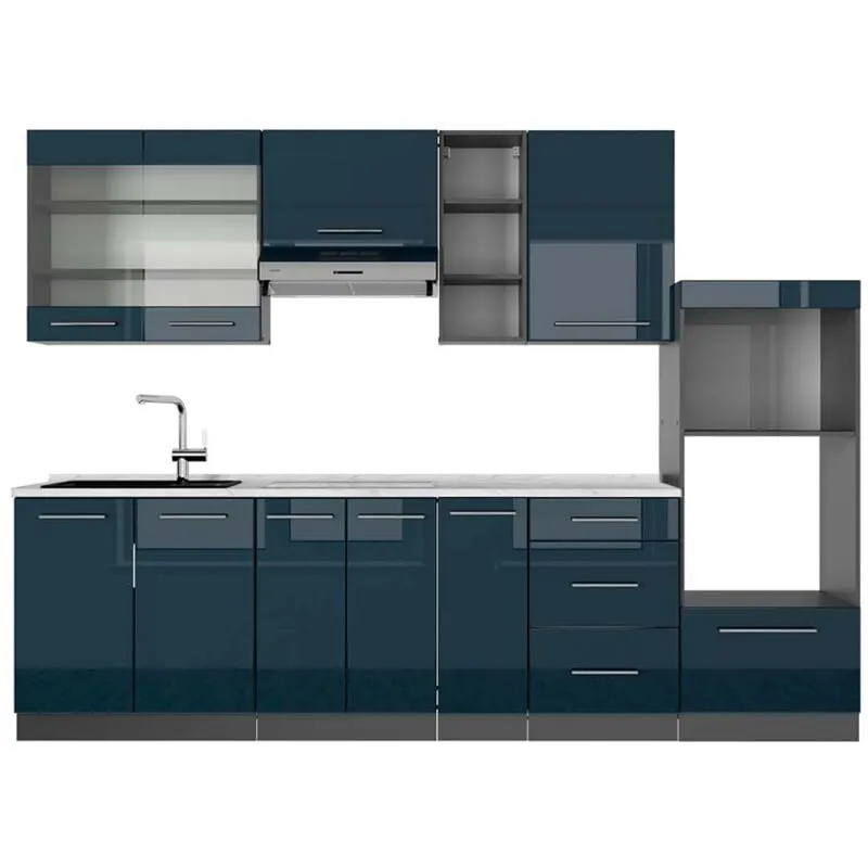  - Cucina componibile Fame-Line, Blu scuro lucido/antracite, 280 cm , pl Marmo