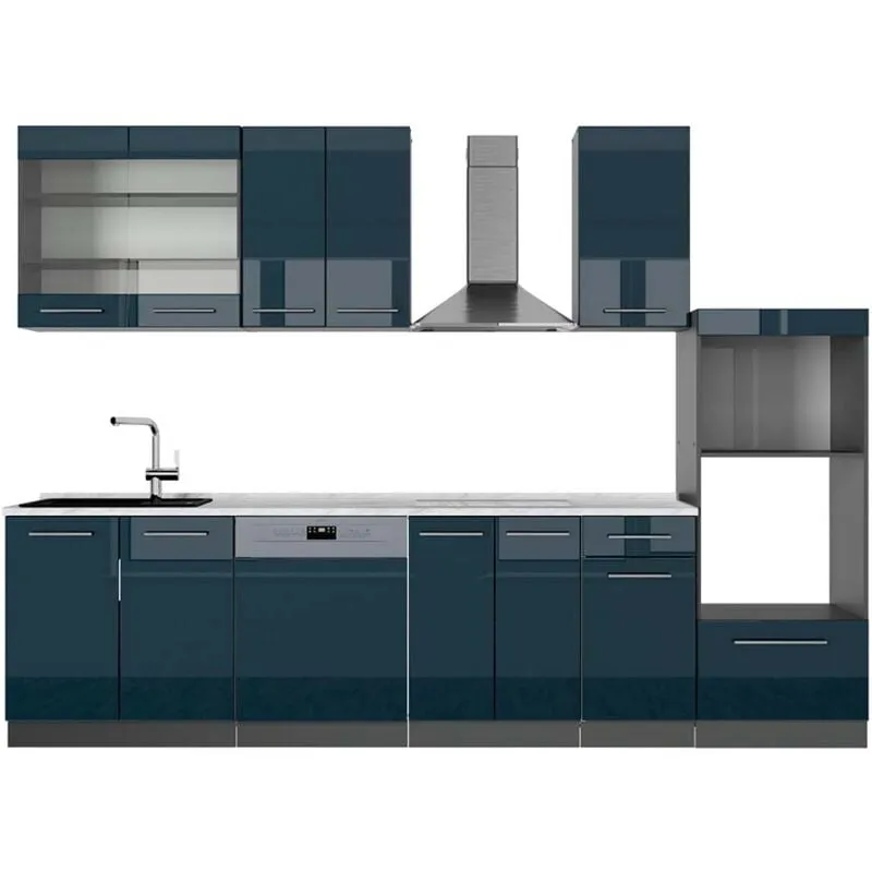  - Cucina componibile Fame-Line, Blu scuro lucido/antracite, 300 cm con armadio alto, pl Marmo