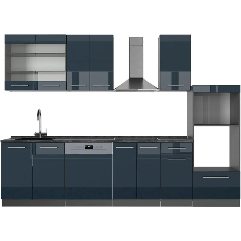  - Cucina componibile Fame-Line, Blu scuro lucido/antracite, 300 cm con armadio alto, senza piano di lavoro