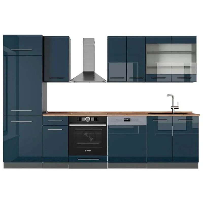 Cucina componibile Fame-Line, Blu scuro lucido/antracite, 300 cm , PL Rovere, 