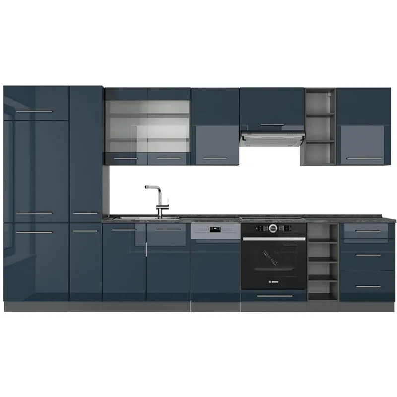  - Cucina componibile Fame-Line, Blu scuro lucido/antracite, 355 cm , pl Antracite