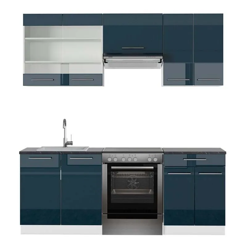  - Cucina componibile Fame-Line, Blu scuro lucido/bianco, 200 cm , pl Antracite