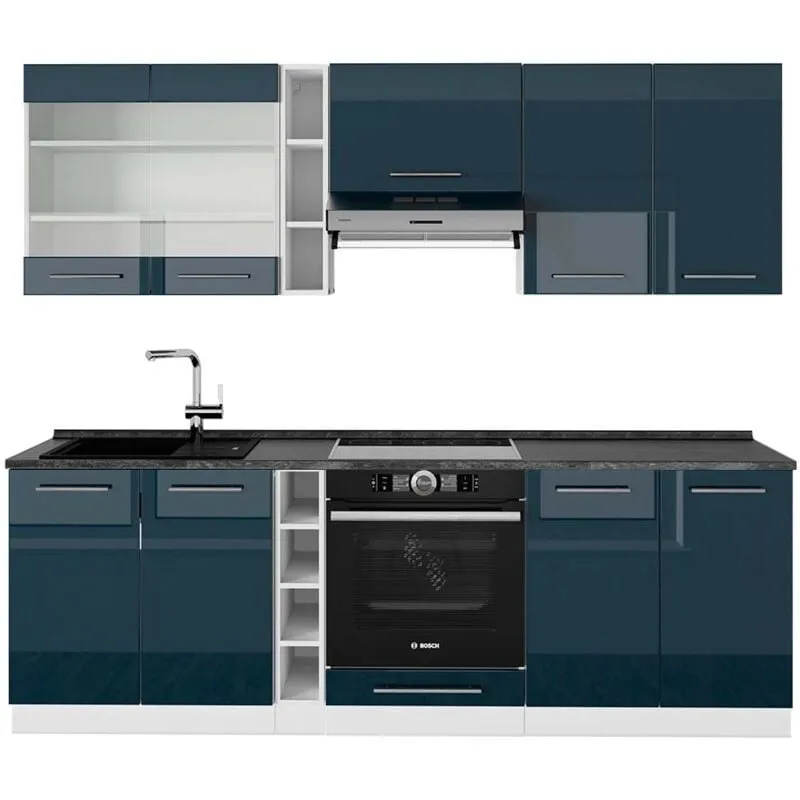  - Cucina componibile Fame-Line, Blu scuro lucido/bianco, 235 cm , pl Antracite