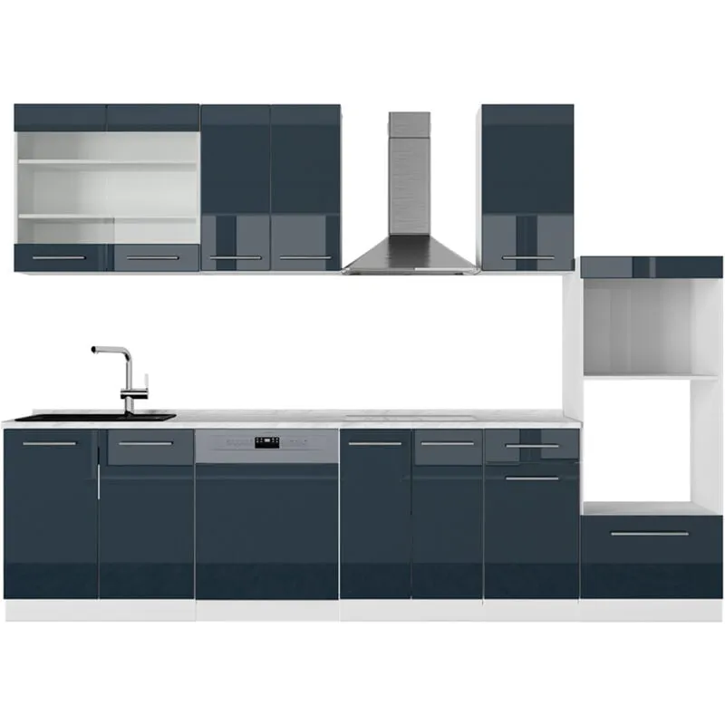  - Cucina componibile Fame-Line, Blu scuro lucido/bianco, 300 cm con armadio alto, senza piano di lavoro