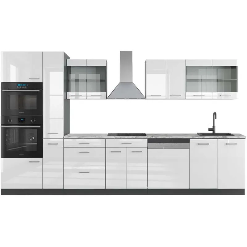  - Cucina R-Line, Bianco lucido/antracite, 350 cm con armadio alto, pl Marmo