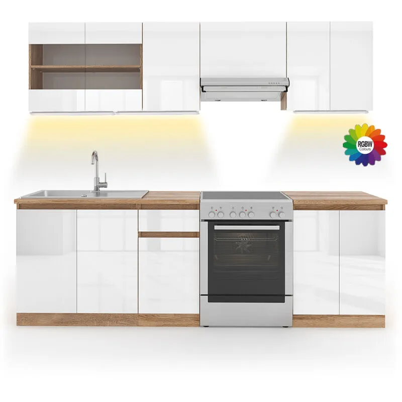  - Cucina componibile Raul, Bianco, 240 cm , pl Sonoma con striscia led