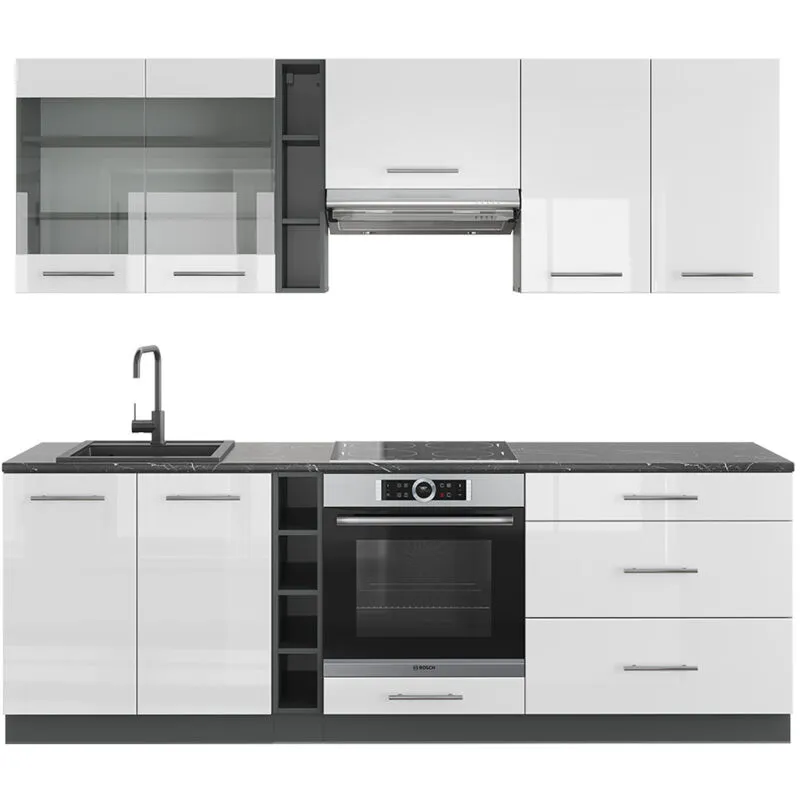  - Cucina componibile Fame-Line, Bianco lucido/antracite, 235 cm , pl Antracite