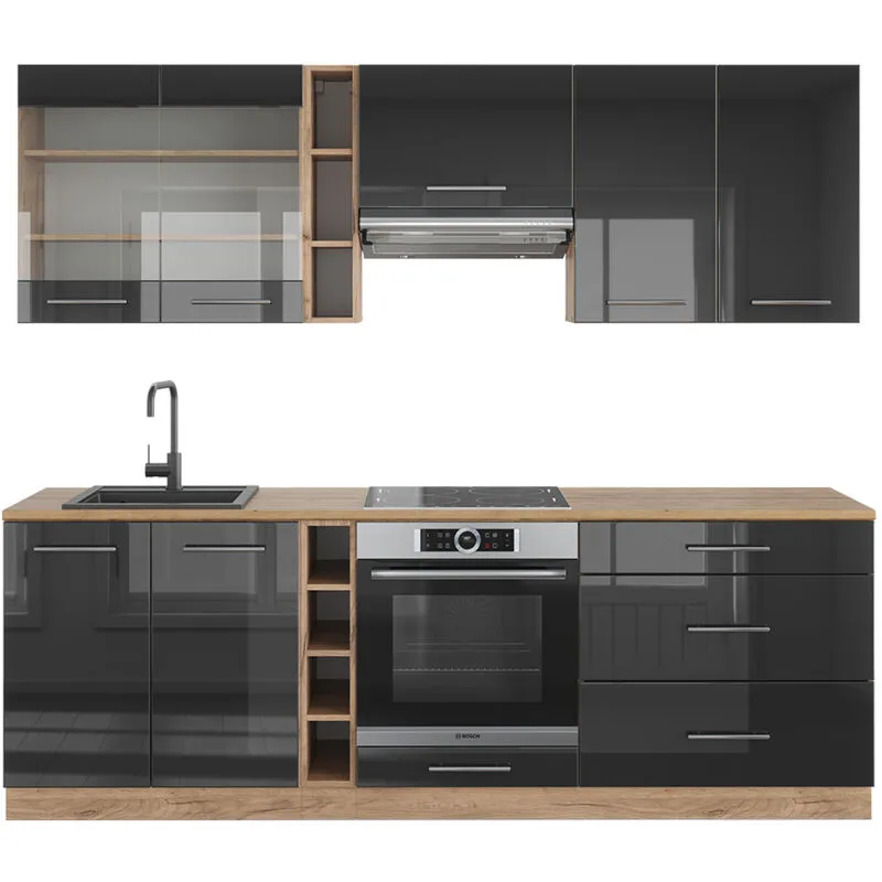  - Cucina componibile Fame-Line, Antracite lucido/oro power oak, 235 cm senza piano di lavoro