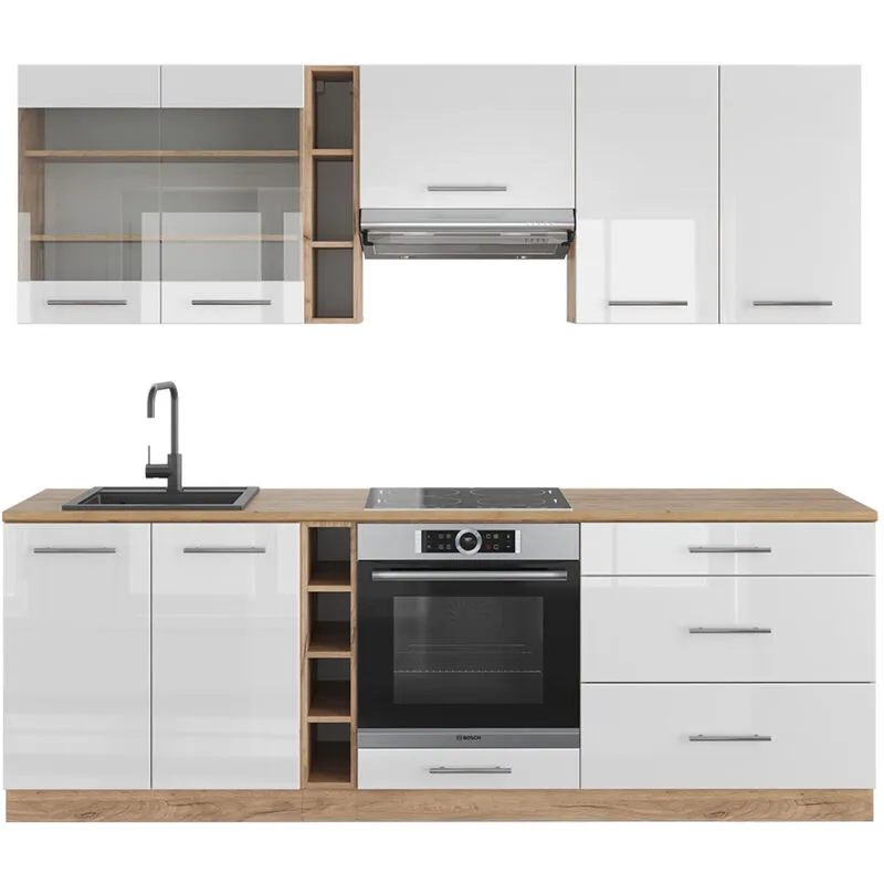  - Cucina componibile Fame-Line, Bianco lucido/oro power oak, 235 cm senza piano di lavoro