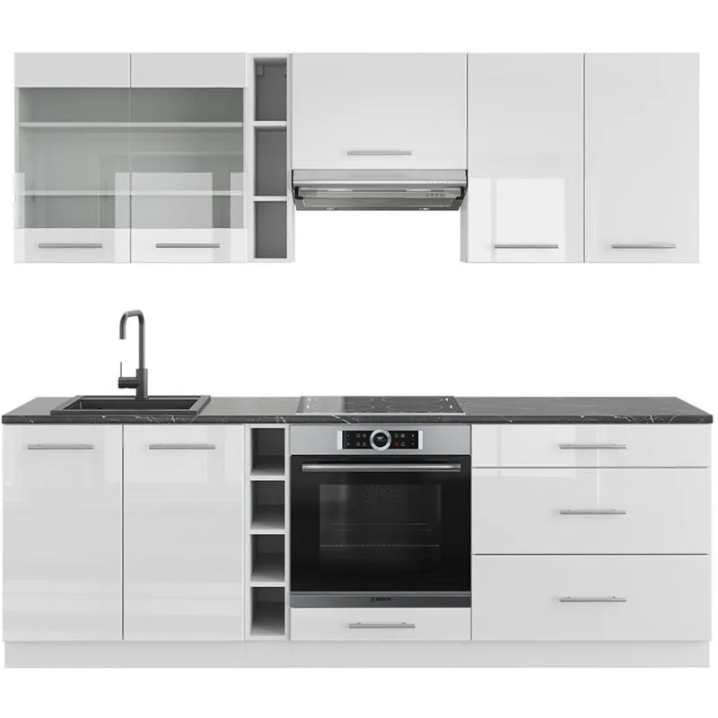 Cucina componibile Fame-Line, Bianco lucido/bianco, 235 cm senza piano di lavoro 