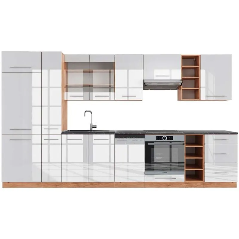  - Cucina componibile Fame-Line, Bianco lucido/oro power oak, 355 cm , pl Antracite