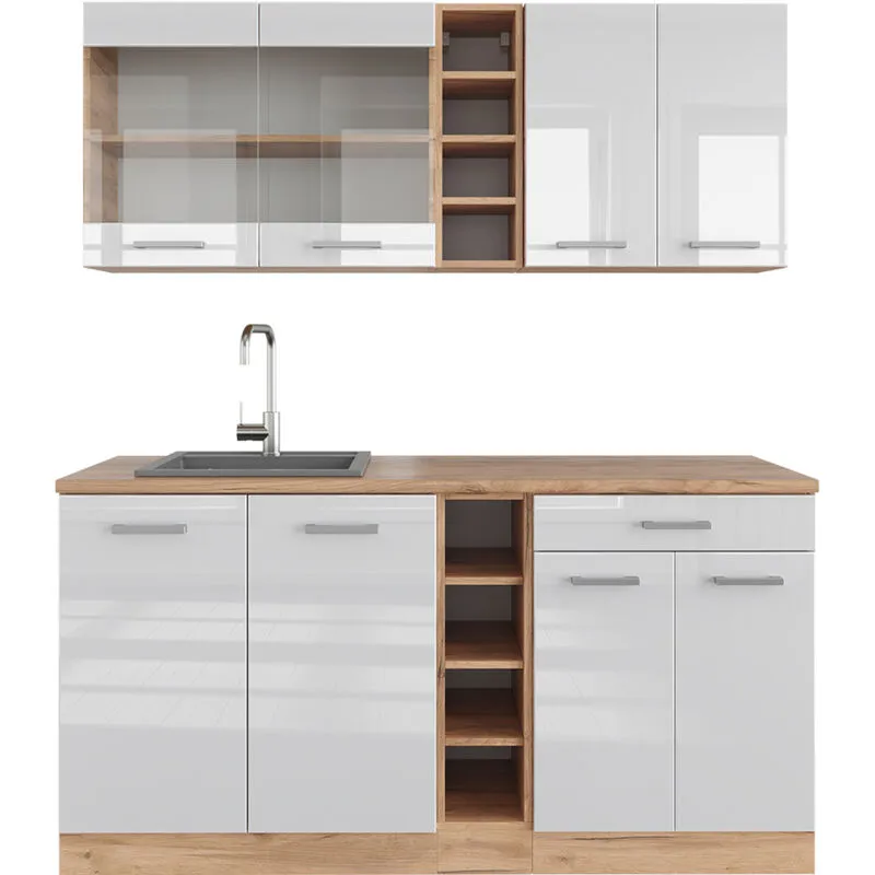  - Cucina completa R-Line, Bianco lucido/oro power oak, 160 cm senza piano di lavoro