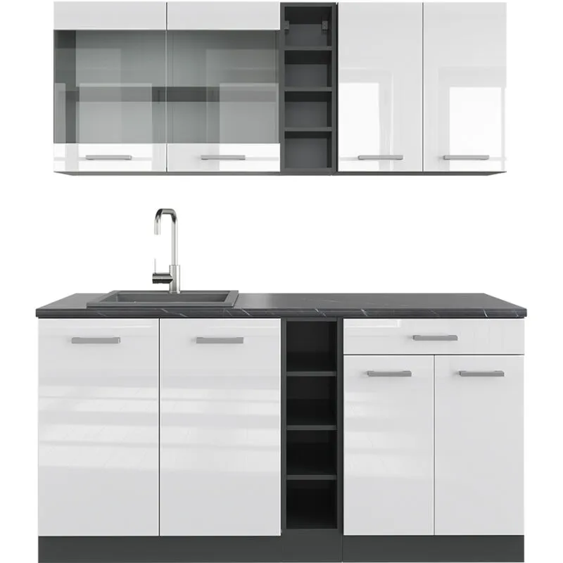  - Cucina completa R-Line, Bianco lucido/antracite, 160 cm senza piano di lavoro