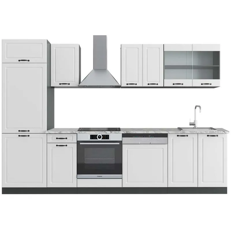 Cucina componibile R-Line, Bianco casa di campagna/antracite, 300 cm , PL Marmo, 