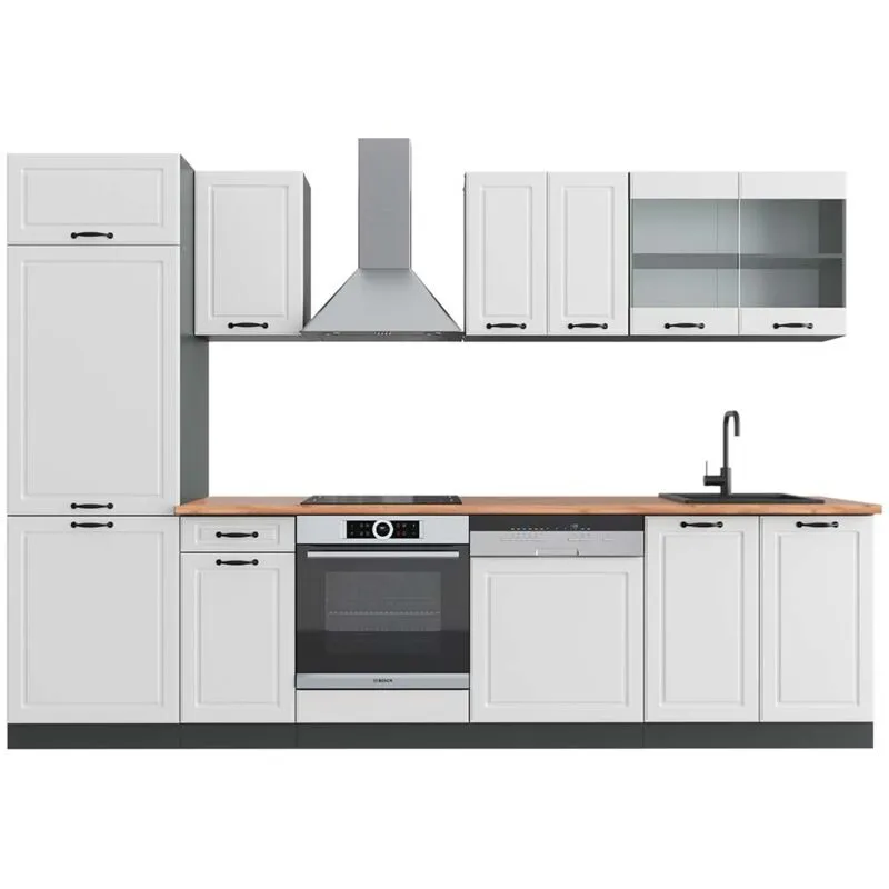  - Cucina componibile R-Line, Bianco casa di campagna/antracite, 300 cm , pl Rovere