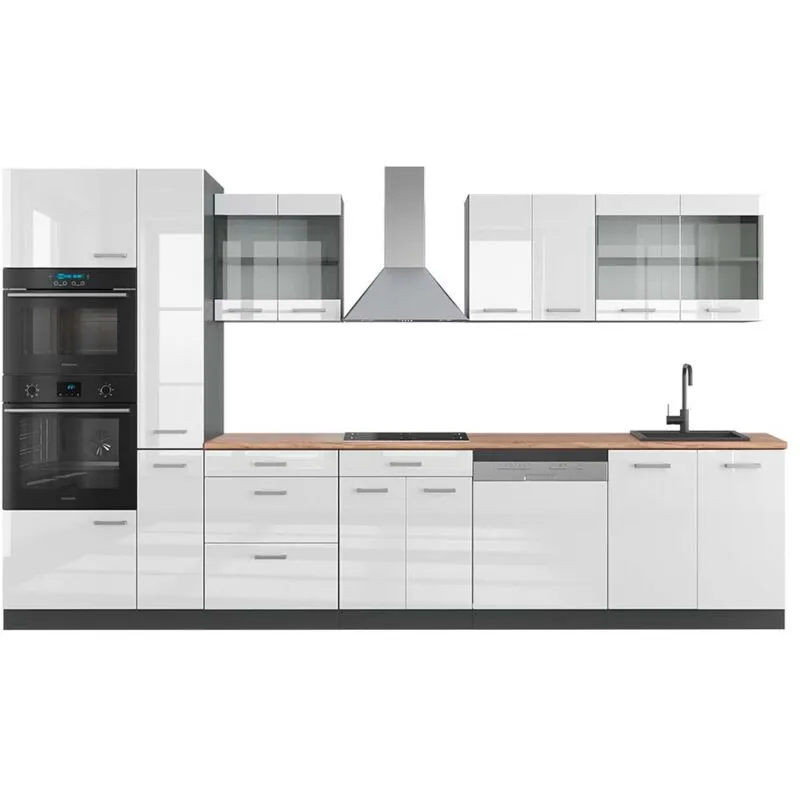  - Cucina R-Line, Bianco lucido/antracite, 350 cm con armadio alto, pl Rovere