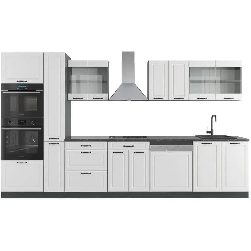  - Cucina componibile R-Line, Bianco casa di campagna/antracite, 350 cm con armadio alto, senza piano di lavoro