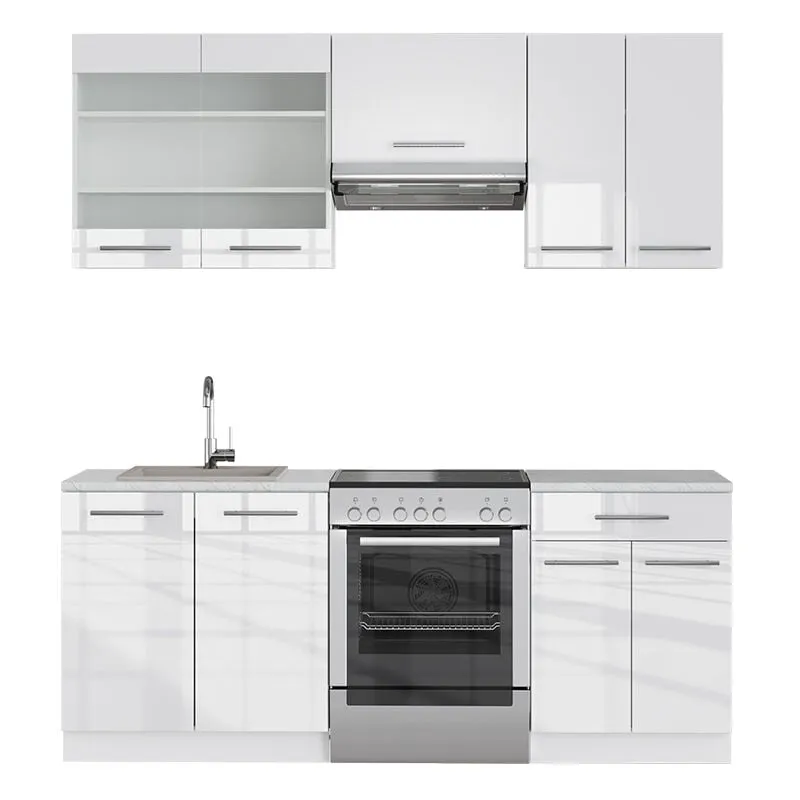  - Cucina componibile Fame-Line, Bianco lucido/bianco, 200 cm , pl Marmo