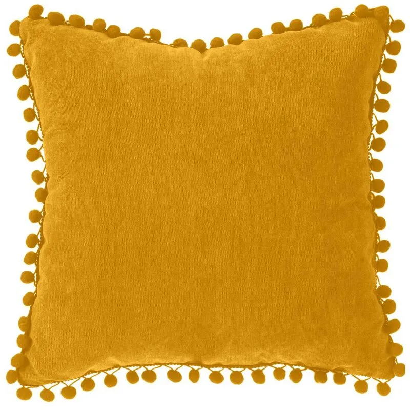 Cuscino con nappe giallo senape 40x40cm - cuscino quadrato pom-pom, ocra, 40x40 cm, sfoderabile, finiture pom-pom, tessuto poliestere e poliammide