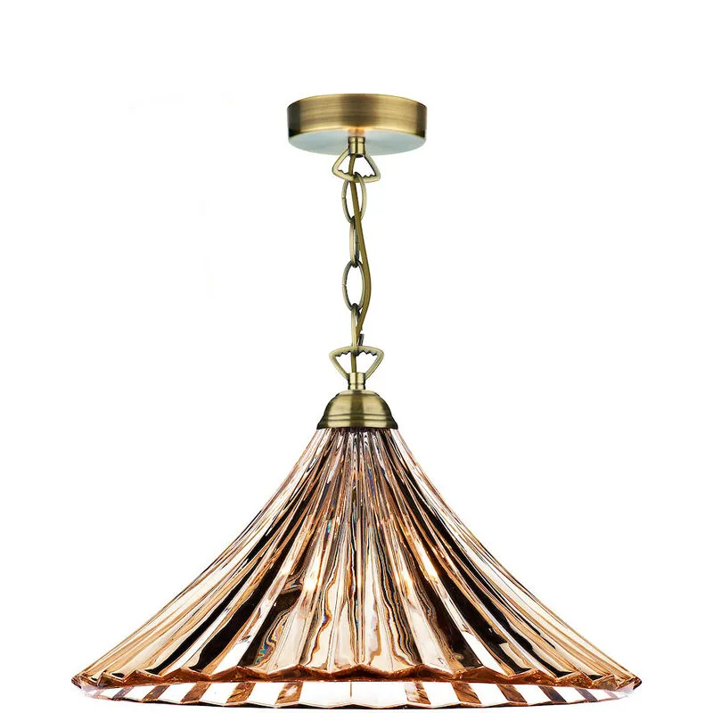 Dar Lighting - dar ardeche - Cupola grande lampada a sospensione in vetro ambrato e ottone antico, 1x attacco E27