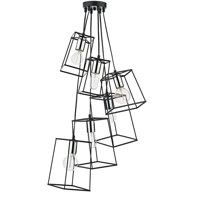 Dar Lighting - dar tower - Lampadario a sospensione a grappolo con struttura in filo metallico nero e cromo lucido, 6x E27