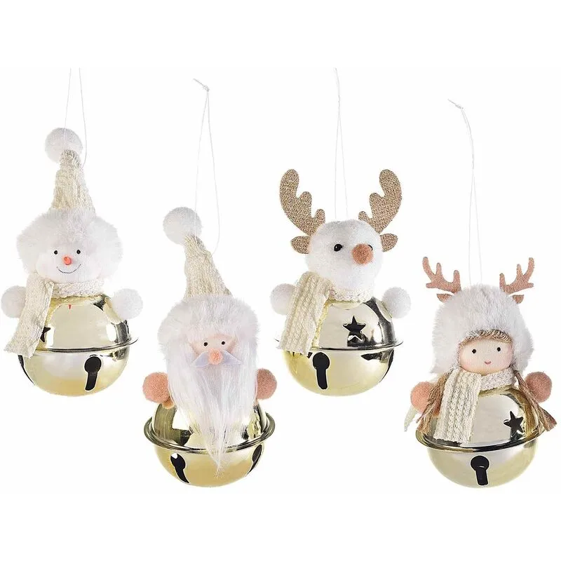 Decorazioni Natalizie da Appendere per la Casa e l'Albero con Personaggi di Natale e Campanella Colore Bianco e Oro Set da 8 Addobbi Idea Regalo