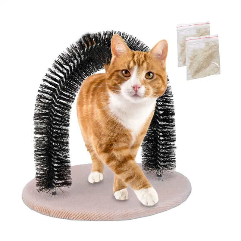 Relaxdays - Arco Massaggiatore per Gatti, con Erba Gatta, Spazzola Massaggiante, Cura del Pelo, Cat Scratcher Setole, Nero