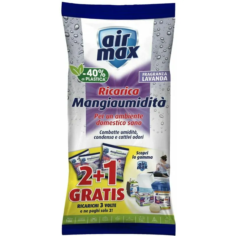 Air Max - Mangia umidità Sali in granuli 2 ricariche lavanda + 1 gratis da 1350 g.