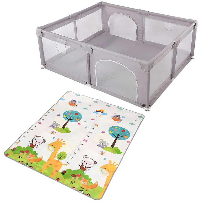 Dimensioni box per bambini 1,51,8 m con tappetino 2 anelli appesi + tappetino con motivo animale (grigio)