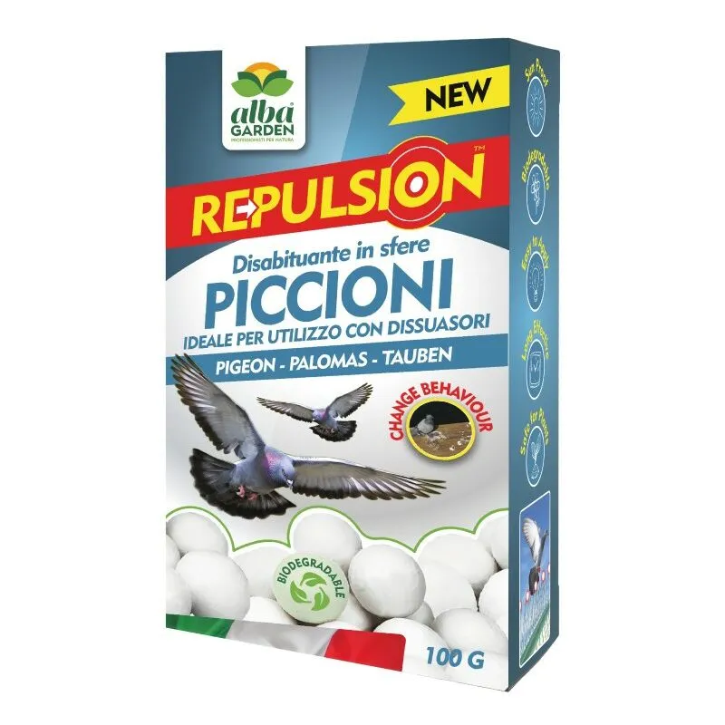 Albagarden - Disabituante Piccioni Repellente in Sfere di Cellulosa Barriera Vegetale Olfattiva Anti Piccioni Dissuasore Naturale Volatili x 100 g