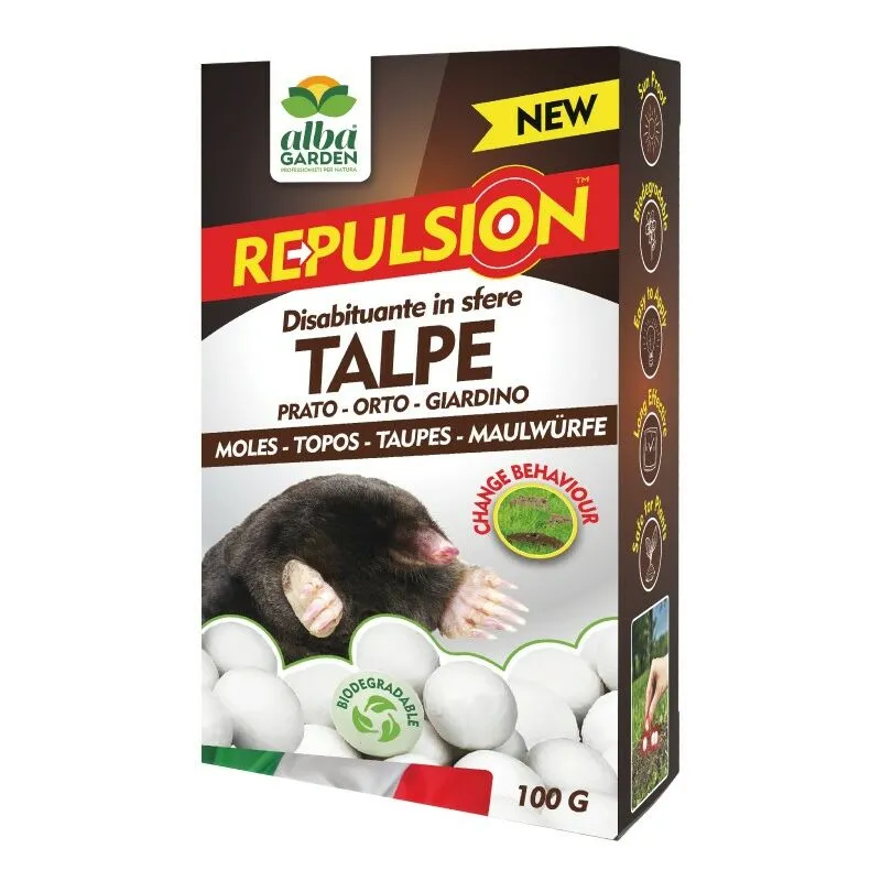 Albagarden - Disabituante Talpe Repellente in Sfere di Cellulosa Barriera Vegetale Olfattiva Anti Talpe Allonta le Talpe da Orto Giardino x 100 g