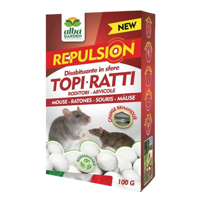 Albagarden - Disabituante Topi e Ratti Repellente in Sfere di Cellulosa Barriera Vegetale Olfattiva Anti Roditori Dissuasore Naturale Topi x 100 g