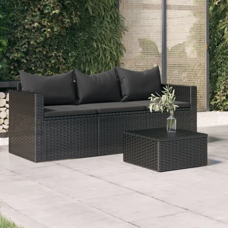 Divano da Giardino a 3 Posti con Cuscini Nero in Polyrattan - Vidaxl