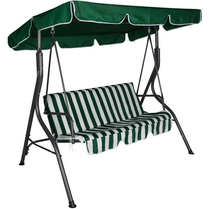 Dmora Dondolo da giardino 3 posti con tettuccio e cuscino, colore verde e bianco, Misure 110 x 165 x 180 cm, con imballo rinforzato