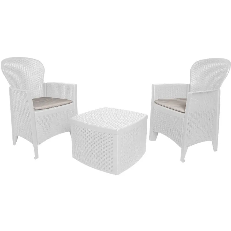 Set salotto da esterno Napoli, Set da giardino con 2 poltrone ed 1 tavolino contenitore, Salottino effetto rattan, 100% Made in Italy, Bianco, con