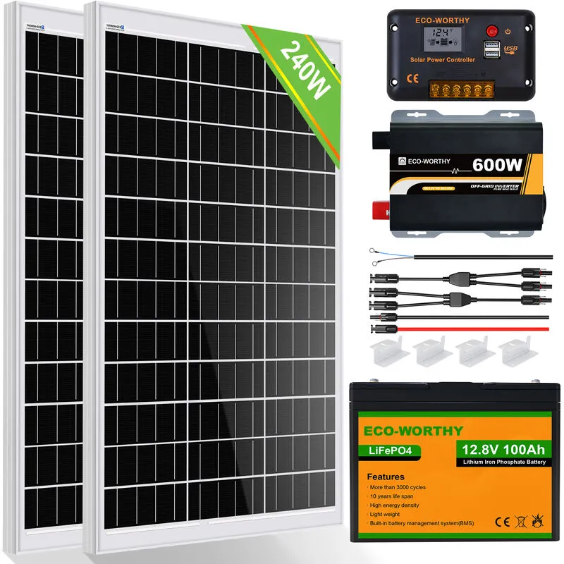 Eco-worthy - 240W 12V Sistema pannelli solari 1kWh/Day Off Grid Kit per casa Camper Capannone Alimentazione: 2 pezzi 120W pannelli solari + 100Ah