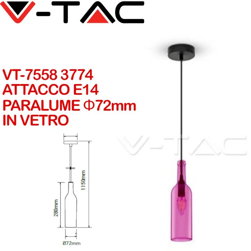 VT-7558 Lampadario led forma bottiglia decorativo in vetro rosa-fucsia 1MT attacco E14 Ф72mm sku 3774 - Rosa - V-tac