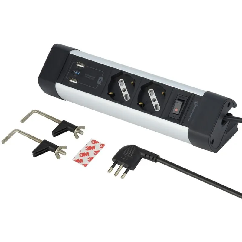 Electraline - 61921 Multipresa Scrivania 2 Posti Polivalenti, Schuko + 10/16 a, con 3 usb (2 usb a 3.0A + 1 usb c 20W Power Delivery), Cavo H05VV-F