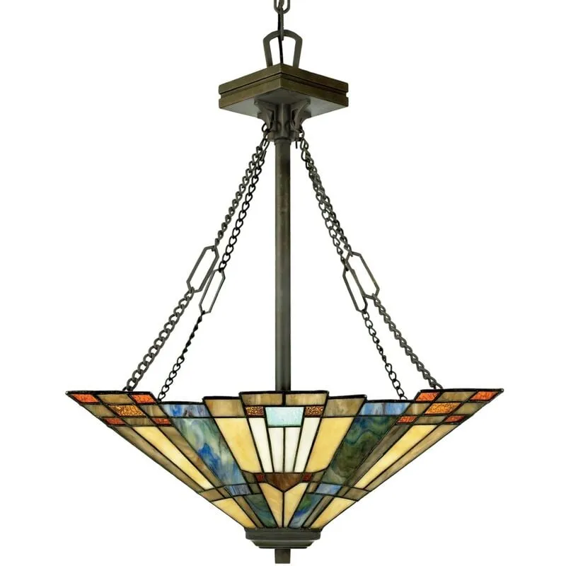 Lampadario Tiffany Inglenook Metallo Bronzo Valiant Piramide 3 Luci E27