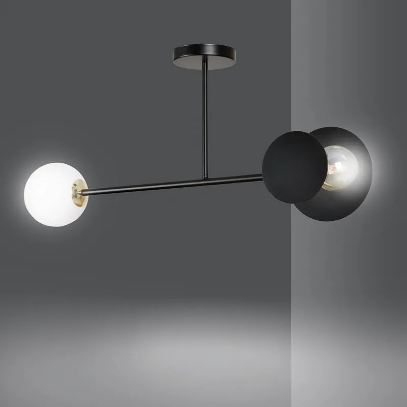 Emibig Lighting - Plafoniera 2 Luci Minerva In Acciaio Nero e Sfera In Vetro Opalino