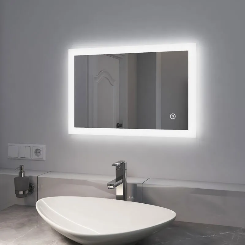 Specchio Bagno con Luce 60 x 40 cm, Specchio Bagno led con Interruttore Tattile + Anti-appannamento + Luce Bianca Fredda 6500K - Emke