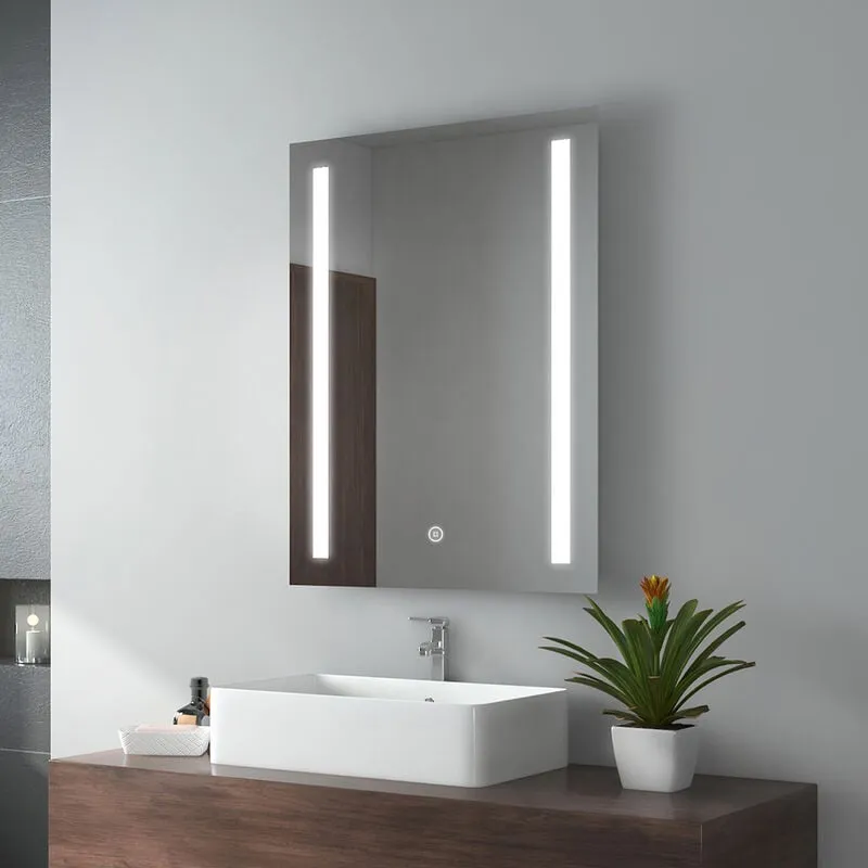 Specchio Bagno con Luce 60 x 80 cm, Specchio Bagno led con Interruttore Tattile + Anti-appannamento + Luce Bianca Fredda 6500K - Emke