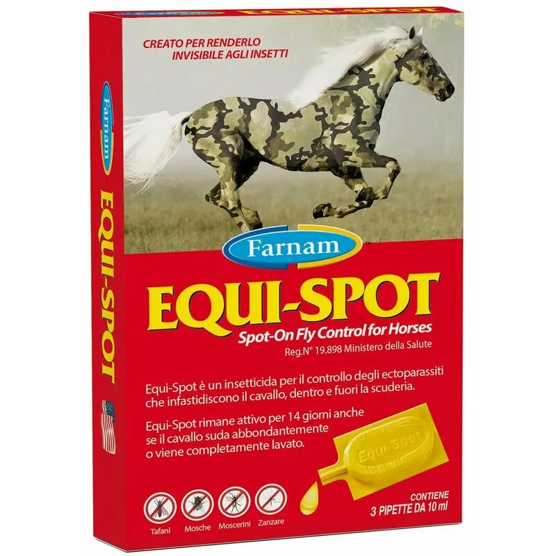 Equi-spot Farnam insetticida spot-on 3 Pipette 10 ml cad. per il controllo di tafani, mosche, zanzare e zecche che infastidiscono i cavalli: 1