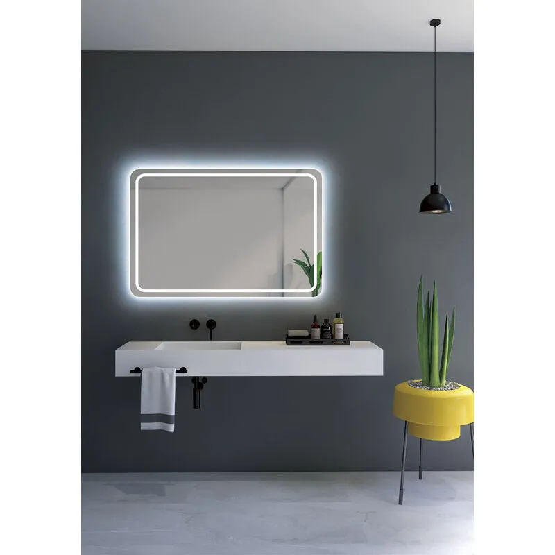 Specchi bagno a led, Specchio retroilluminato con bordi arrotondati. Luce anteriore fredda, con doppio antiappannamento e sensore on/off 90 x 80 Cm