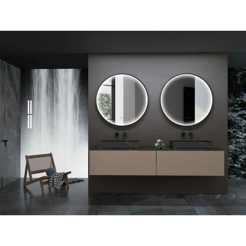 Specchio da bagno a Led - Specchio rotondo con luce perimetrale integrata nella cornice in alluminio finitura nero opaco - Serie Nepal 70CM ø